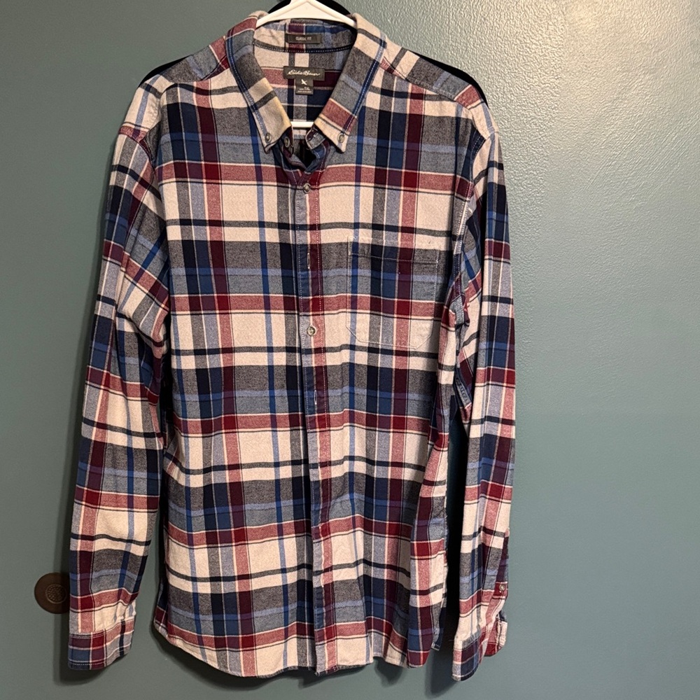 Eddie Bauer Flannel Red, Blue & White Plaid Button-Down Shirt